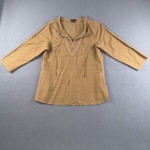 Express Womens Tan Cotton Silk Embroidered Sequin Boho Peasant Blouse Top Medium